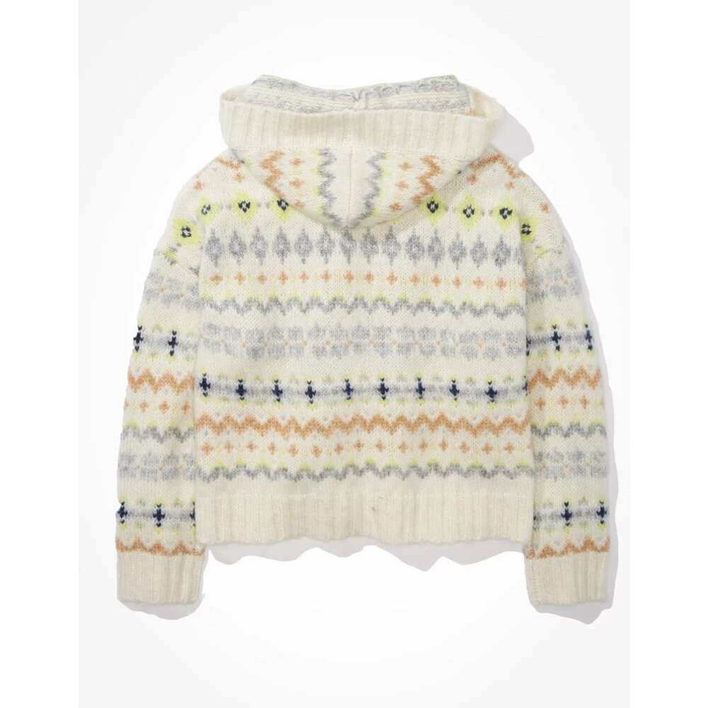 American Eagle Women Sweater Fair isle Hooded Size L Cropped Wool Blend Cozy - Picture 2 of 11